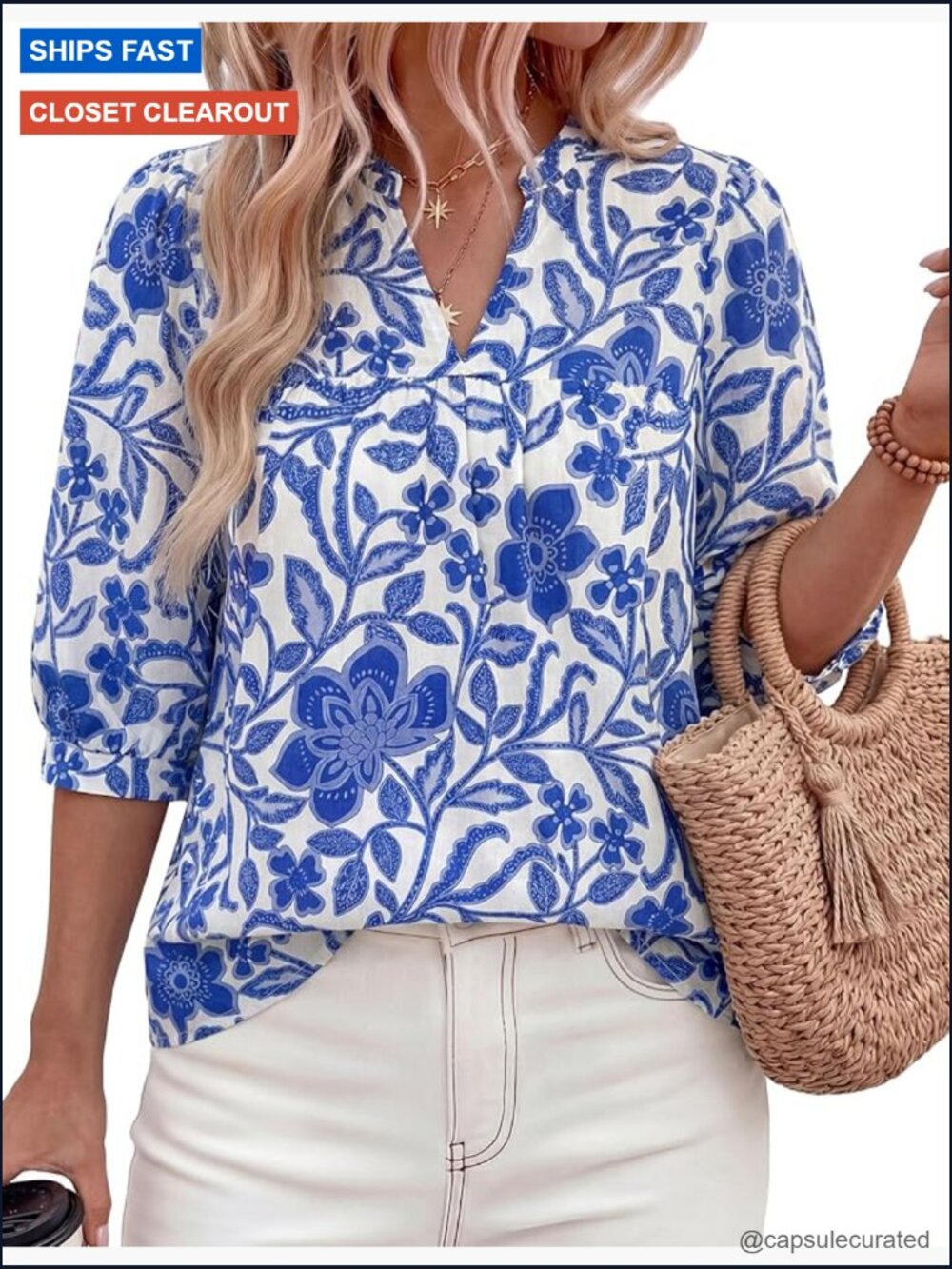 Floral Boho Blouse Half Sleeve V Neck Dressy Casual Top - Picture 1 of 7